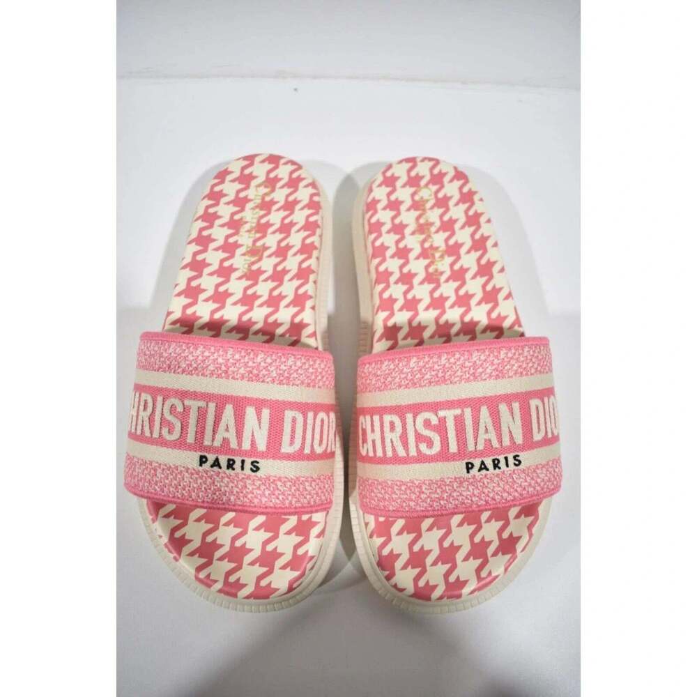 Christian Dior Dway Pink White Logo Houndstooth Slide Mule Flat Sandal 37.5 - Picture 8 of 12